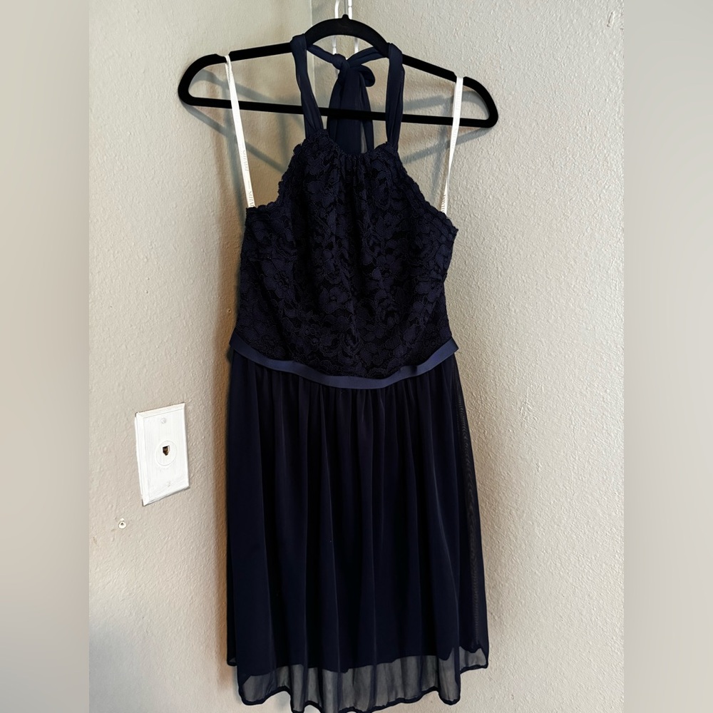 David’s bridal blue lace bridesmaid dress